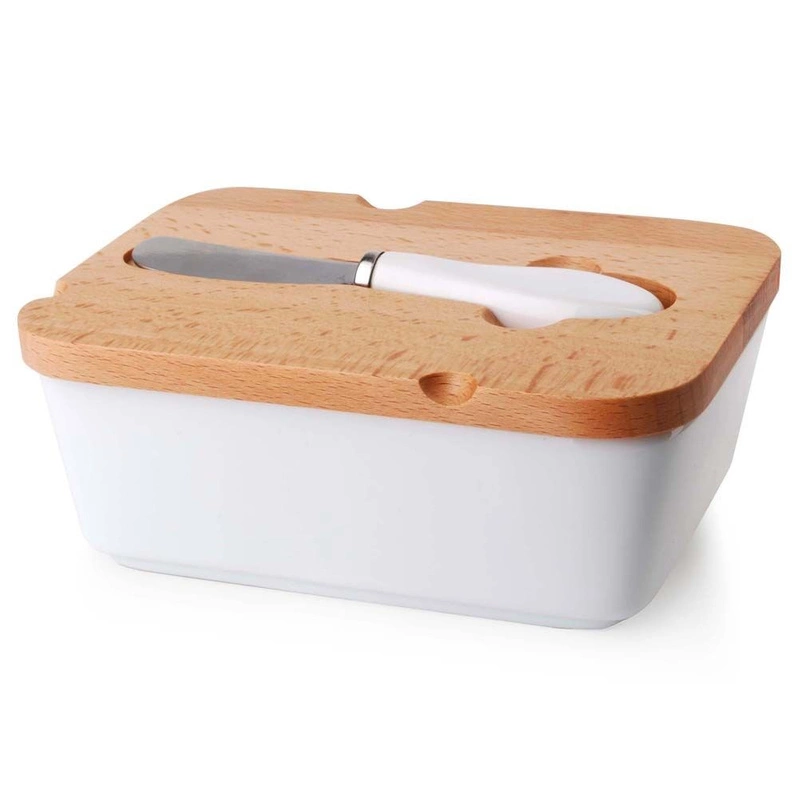 ORION Butter Dish, butter container with bambus lid and knife, white, 16x11.5x6 cm