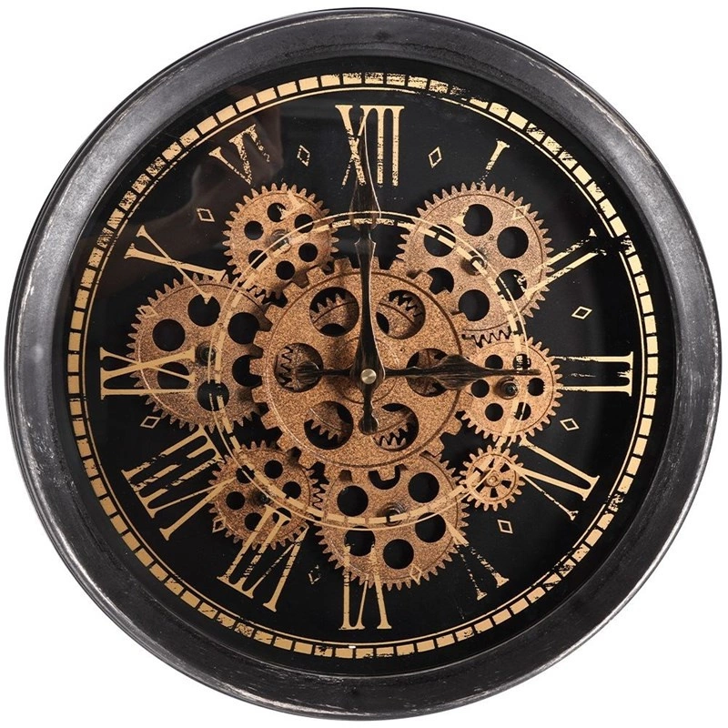 Zegar ścienny czarny złoty ruchome koła zębate 35 cm